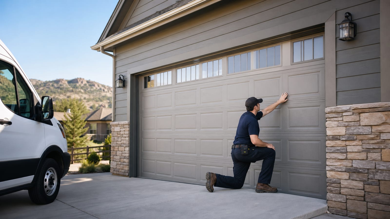 Garage door technician inspecting a residential door in Castle Rock, Colorado