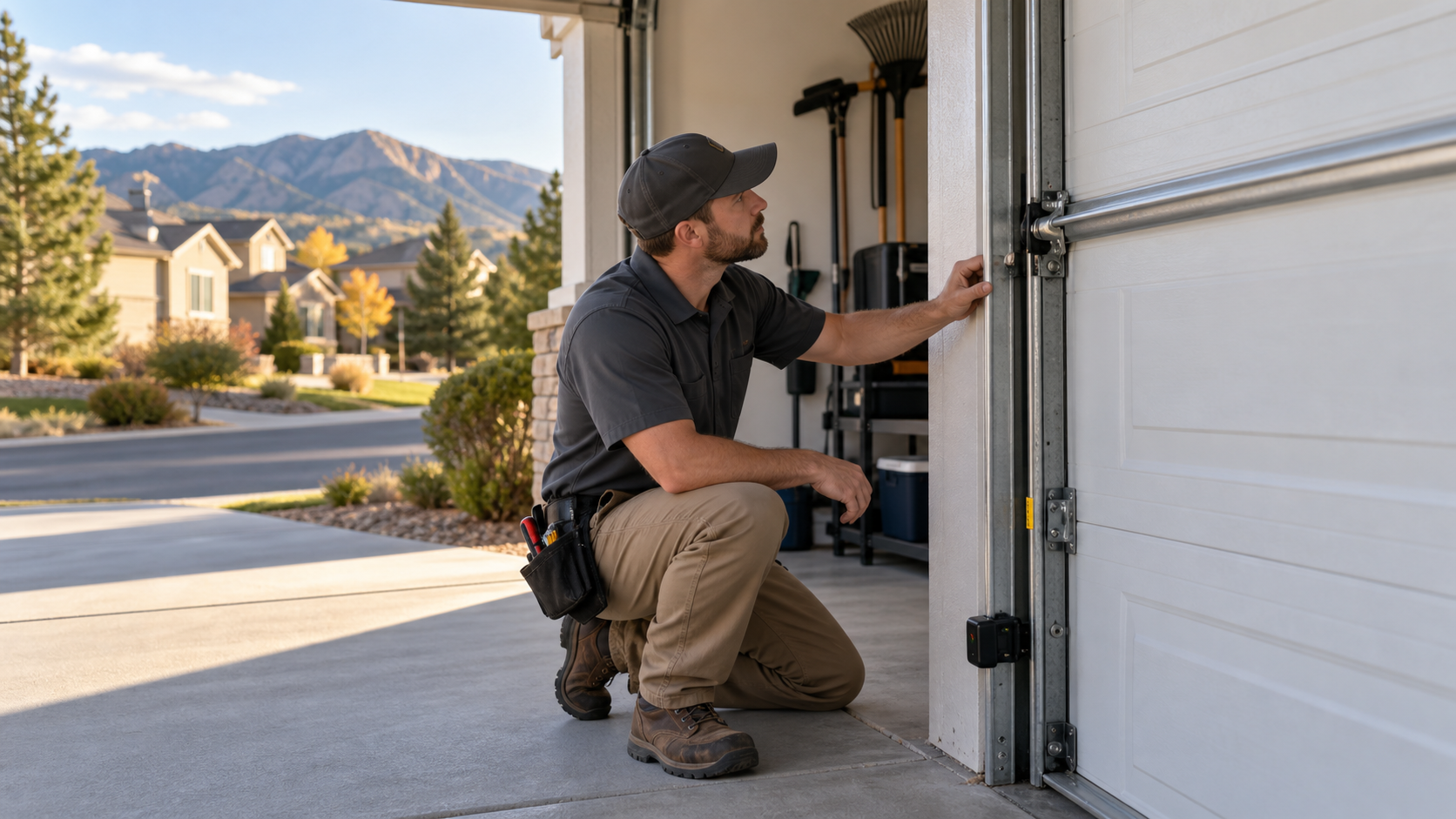 Garage door technician inspecting a residential door in Highlands Ranch, Colorado