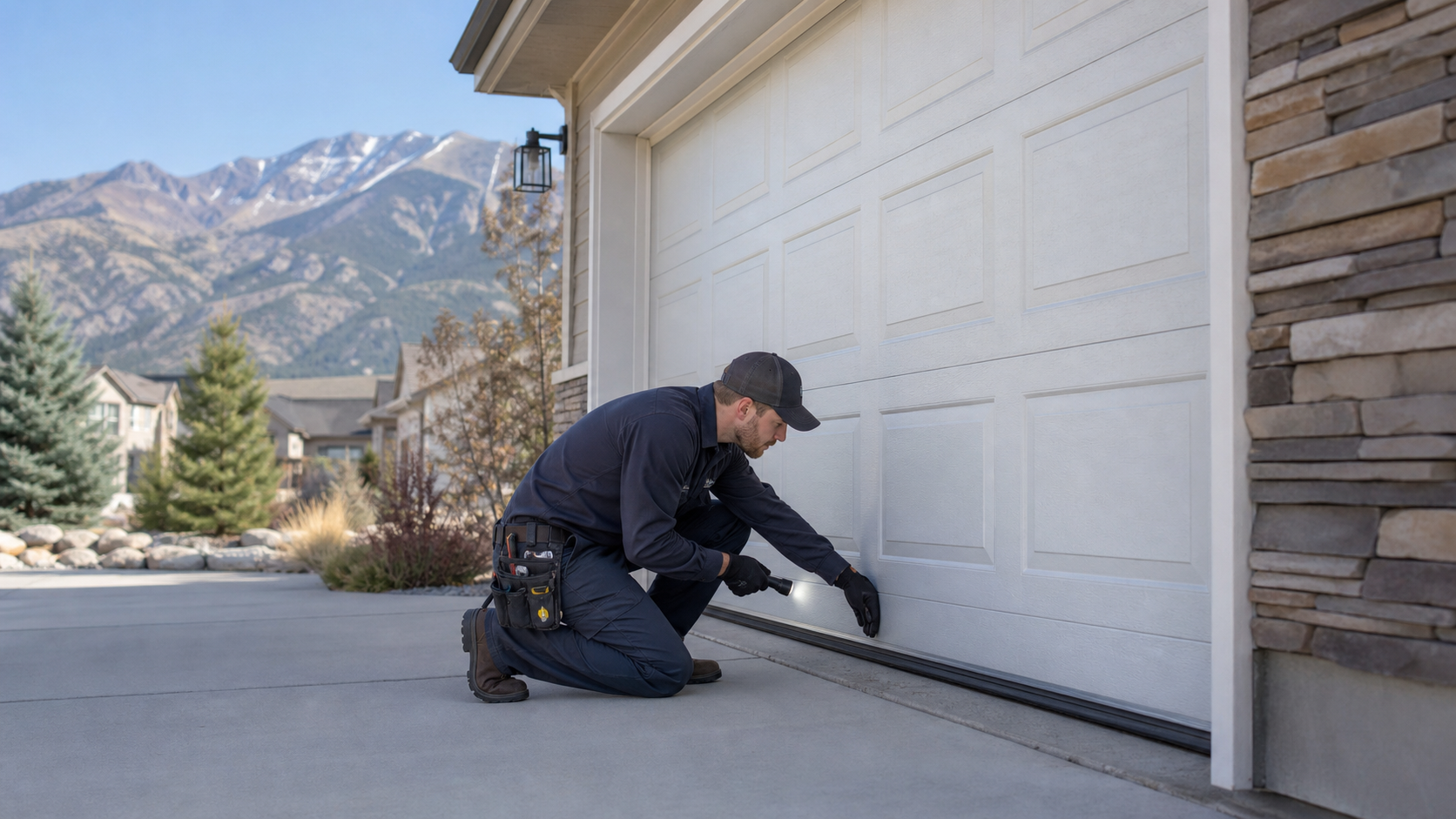 Garage door technician inspecting a residential door in Littleton, Colorado