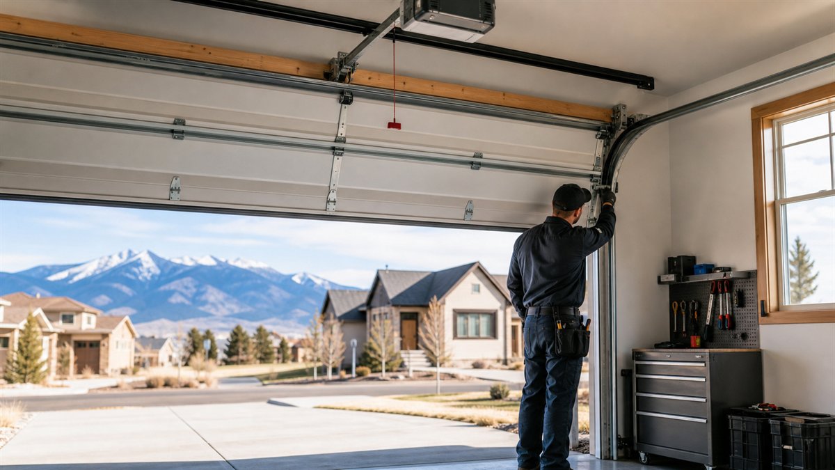 Garage door technician inspecting a residential door in Thornton, Colorado
