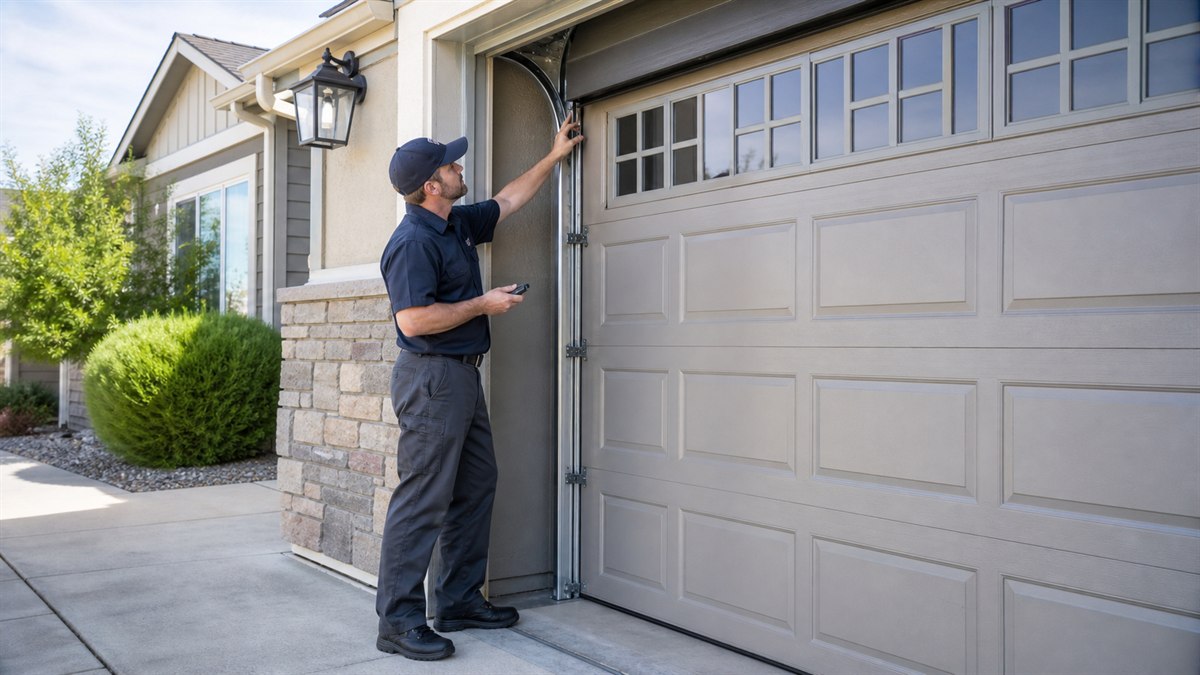 Garage door technician inspecting a residential door in Westminster, Colorado