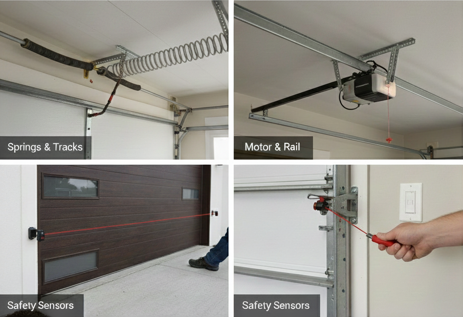 Garage door hardware, track, and opener components ready for installation