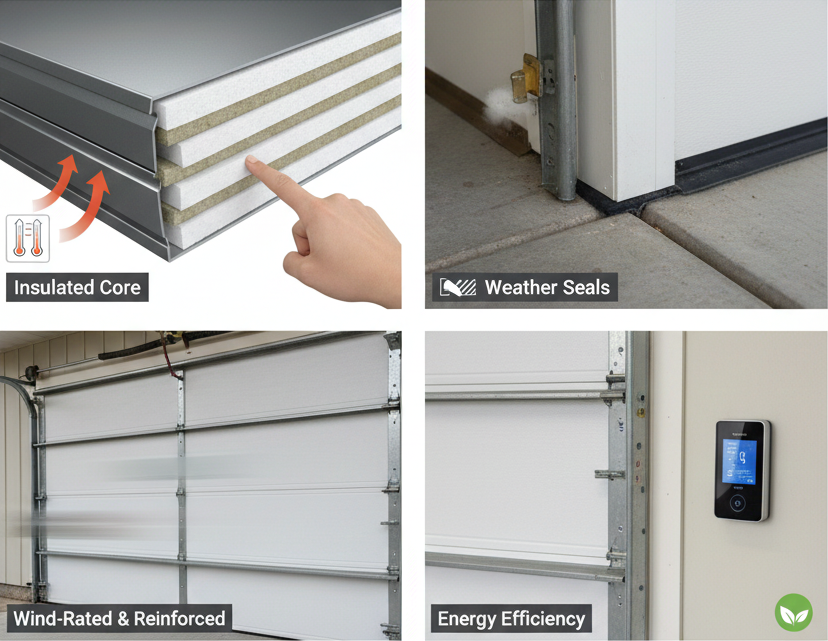 Insulated custom garage door detail showing layers and seals