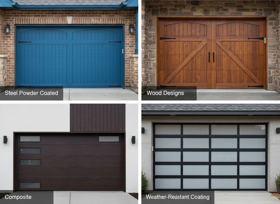 Garage door material samples showing steel, wood, and composite finishes